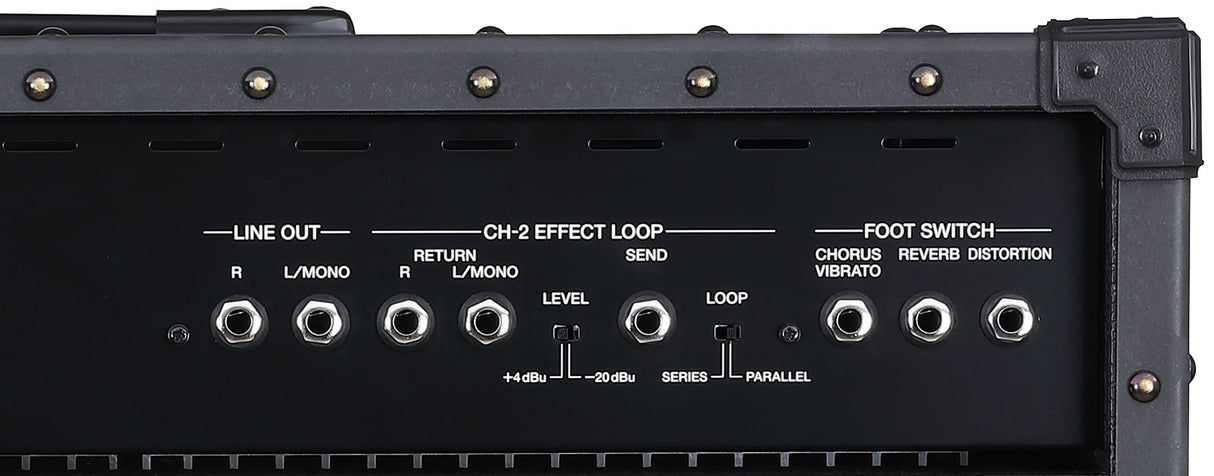 The image shows the rear panel of a guitar amplifier featuring a Line Out section with R and L/Mono jacks, a CH-2 Effect Loop with Return, Send, Level, and Loop controls, plus Foot Switch jacks for Chorus, Reverb, Distortion, and Vibrato. It includes a Level control (+4dBu to -20dBu) and a Series/Parallel Loop switch, designed for versatile signal routing and hands-free live performance.