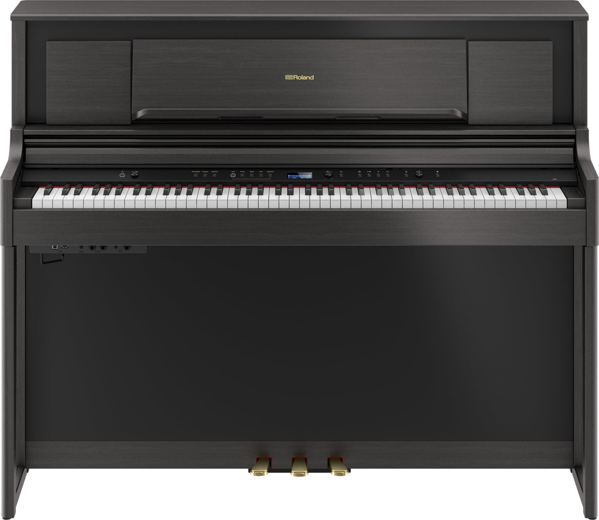 The image shows a Roland digital piano in a compact upright cabinet with a dark wood finish. It has a full 88-key weighted keyboard, a digital control panel with buttons and a small display, three pedals, and Roland branding on the music rack. This stylish, space-saving piano combines the feel of an acoustic piano with digital features like volume control and multiple voices, ideal for home use.