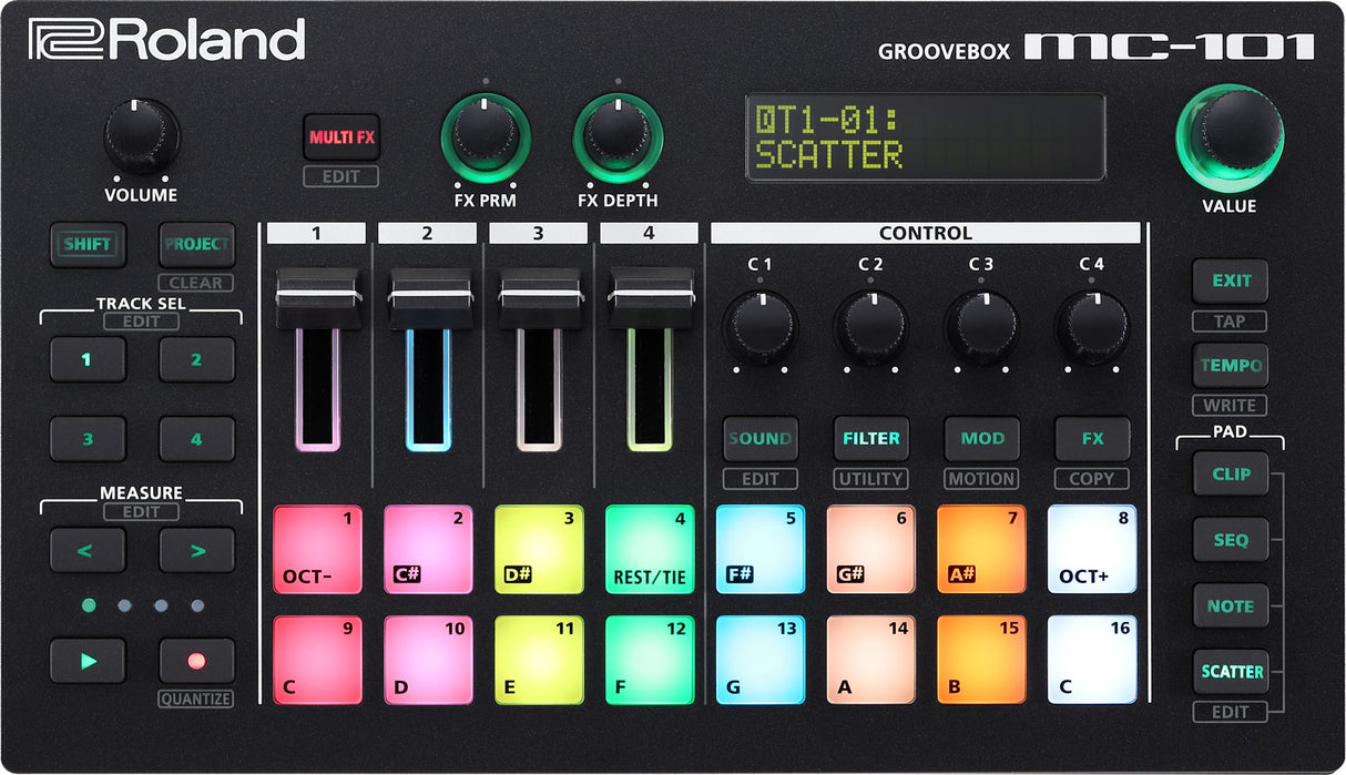 The image shows a Roland MC-101 Groovebox, a compact electronic music device combining a drum machine, sampler, and synthesizer. It features 16 velocity-sensitive RGB pads, 4 channel faders, multiple control knobs, a digital display, transport controls, and various editing buttons. Designed for beatmaking and live performance, it offers a portable, all-in-one solution favored by electronic music producers.