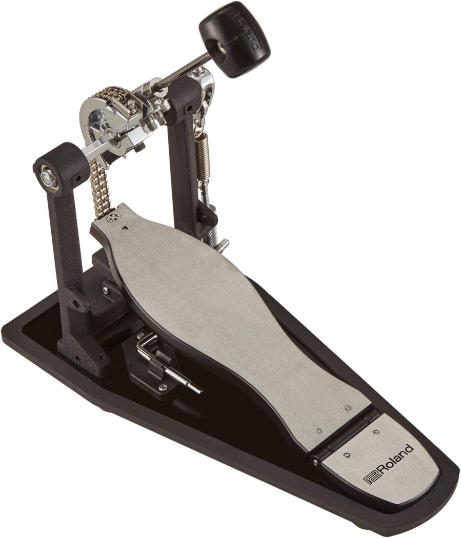 The image shows a Roland kick drum pedal featuring visible branding on the beater and footplate. It has a chain drive mechanism, adjustable black beater, non-slip footplate, and sturdy chrome metal construction. Designed for both acoustic and electronic drum kits, this professional-quality pedal converts foot motion into bass drum strikes, making it essential for any drum setup.