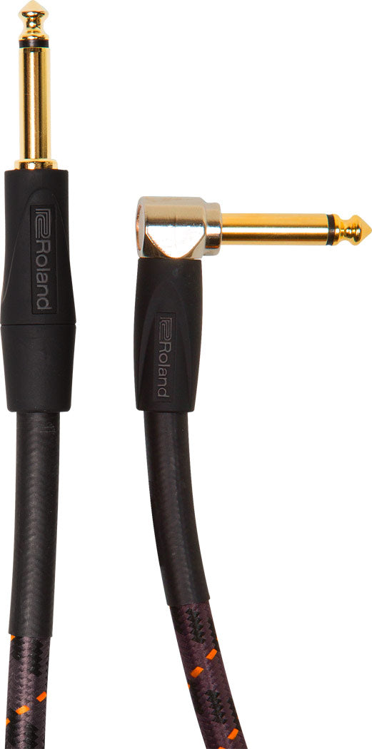 The image shows a Roland instrument cable with two 1/4" gold-plated phone plugs—one straight and one right-angle—for improved signal and durability. The black cable features Roland branding on both connectors. Designed for connecting electric guitars, basses, keyboards, and other instruments to amps or pedals, its right-angle plug reduces strain and saves space while ensuring reliable audio transmission.
