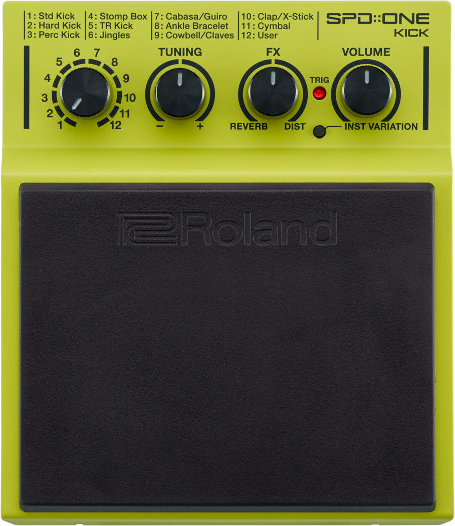 The image shows a Roland SPD::ONE KICK electronic drum pad in bright lime green. It features a selector dial with 12 kick, percussion, and effect sounds, three control knobs for tuning, effects, and volume, a red trigger button, and a toggle switch. The pad has a large black rubber surface with the Roland logo and a compact, portable design typical of the SPD::ONE series.