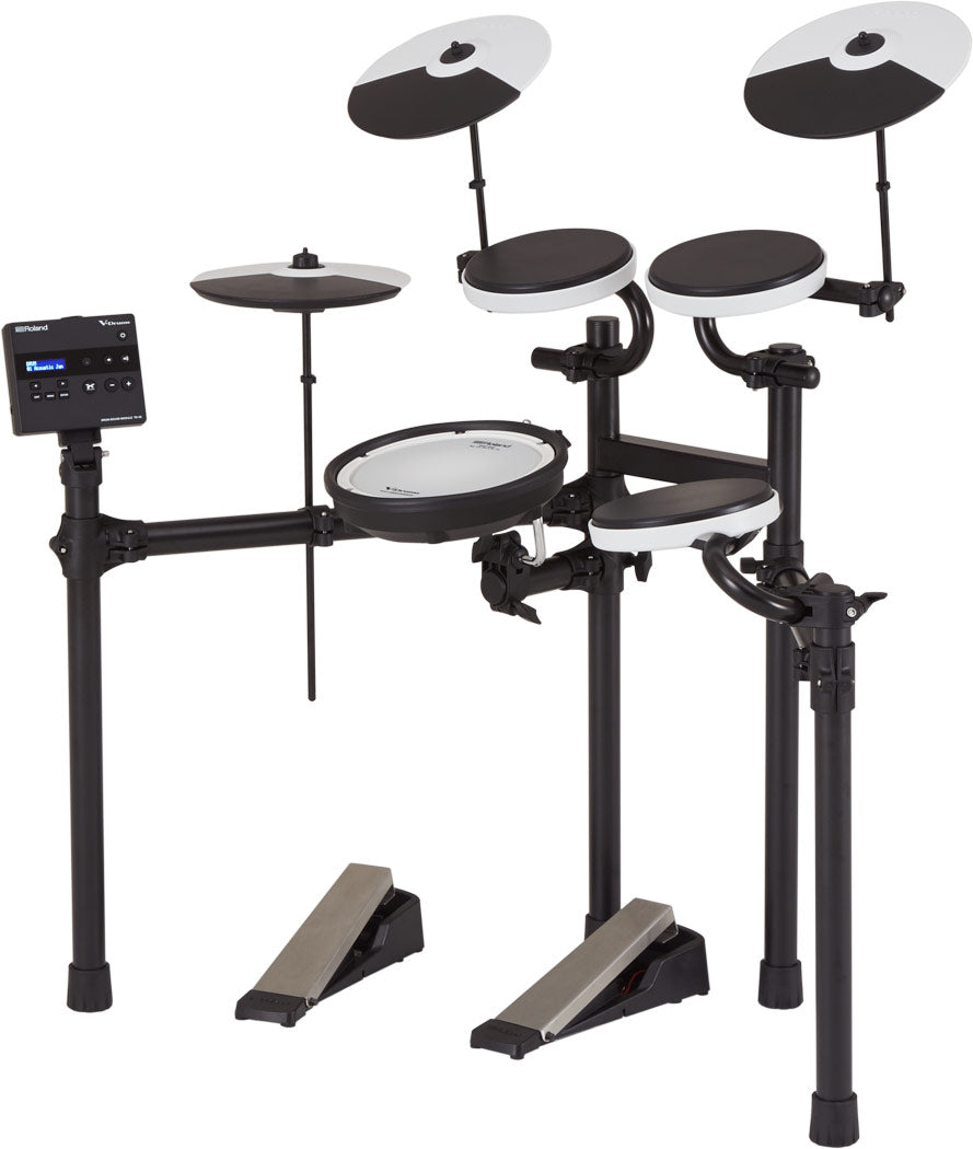 The image shows a Roland electronic drum kit with black drum pads featuring white rims, two cymbal pads, a hi-hat pad, and multiple tom and snare pads. It has adjustable black mounting arms on a sturdy rack, two foot pedals, and a sound module with a display on the left side. This digital drum set offers volume control, diverse sounds, and compact design, ideal for practice, recording, and live use.