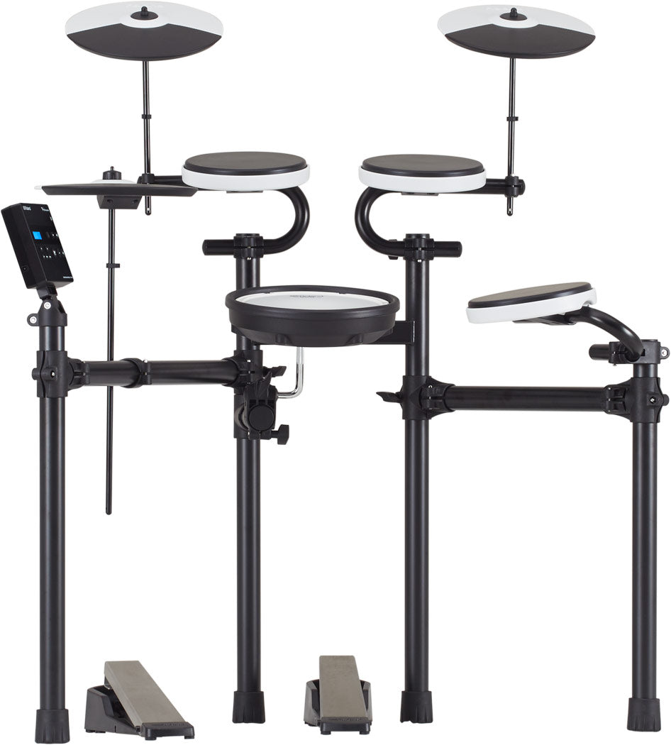 The image shows an electronic drum kit with multiple round drum pads in white and black, two larger cymbal pads at the top, a black electronic module with a display on the left, a black metal rack holding everything, and two foot pedals at the base. This compact kit allows quiet practice, recording, and a variety of sounds, ideal for home use, studios, and live settings.