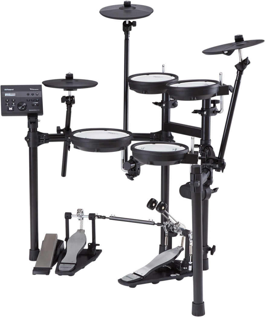 The image shows a modern electronic drum kit featuring multiple white mesh drum pads, dark cymbal pads on adjustable arms, a control module on the left, a black metal rack, and pedals for bass and hi-hat. It offers a compact design, customizable positioning, electronic sound triggering, headphone use for silent practice, and various sound options, making it ideal for space-saving practice, recording, and live performance.
