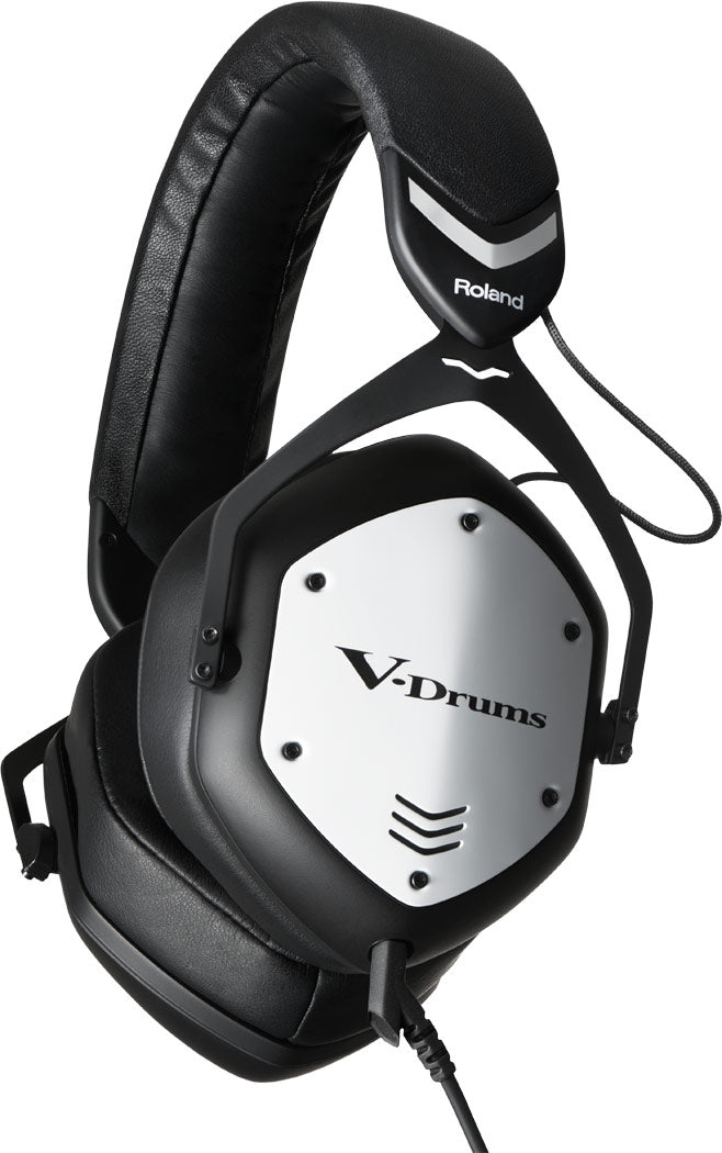 The image shows a pair of Roland V-Drums headphones, designed for electronic drumming. The white and black ear cups display the "V-Drums" branding, and the Roland logo is visible on the headband. These headphones are built for accurate sound reproduction and comfort during extended use, making them ideal for practicing quietly or monitoring electronic drum kits.