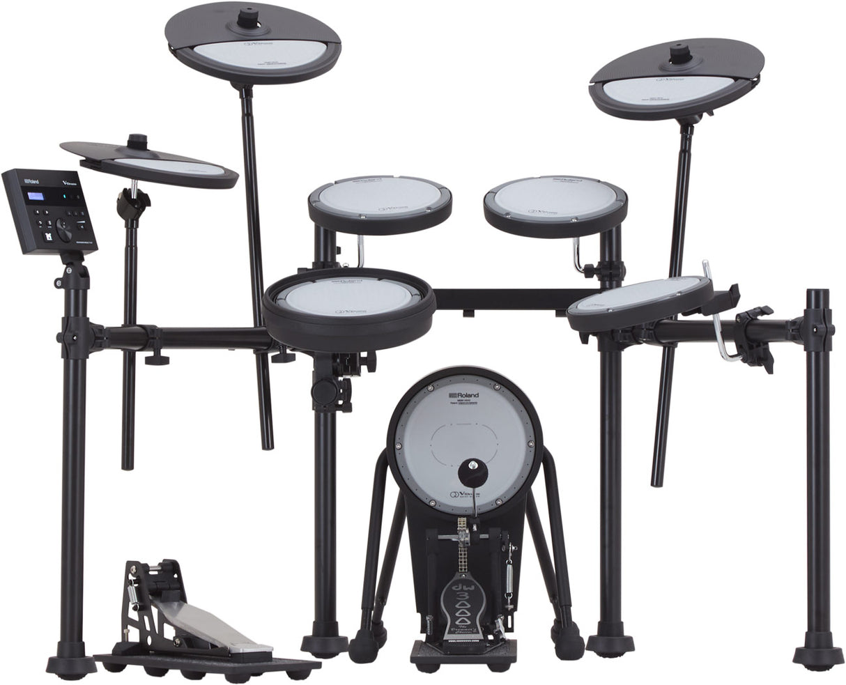 The image shows a Roland electronic drum kit featuring multiple white drum pads, electronic cymbal pads including crash and ride, black metal hardware, a control module with digital display, a large kick drum pad with pedal, and electronic hi-hat cymbals with pedal. This modern digital set simulates acoustic drums, ideal for quiet practice, recording, and performance with volume control and sound versatility.