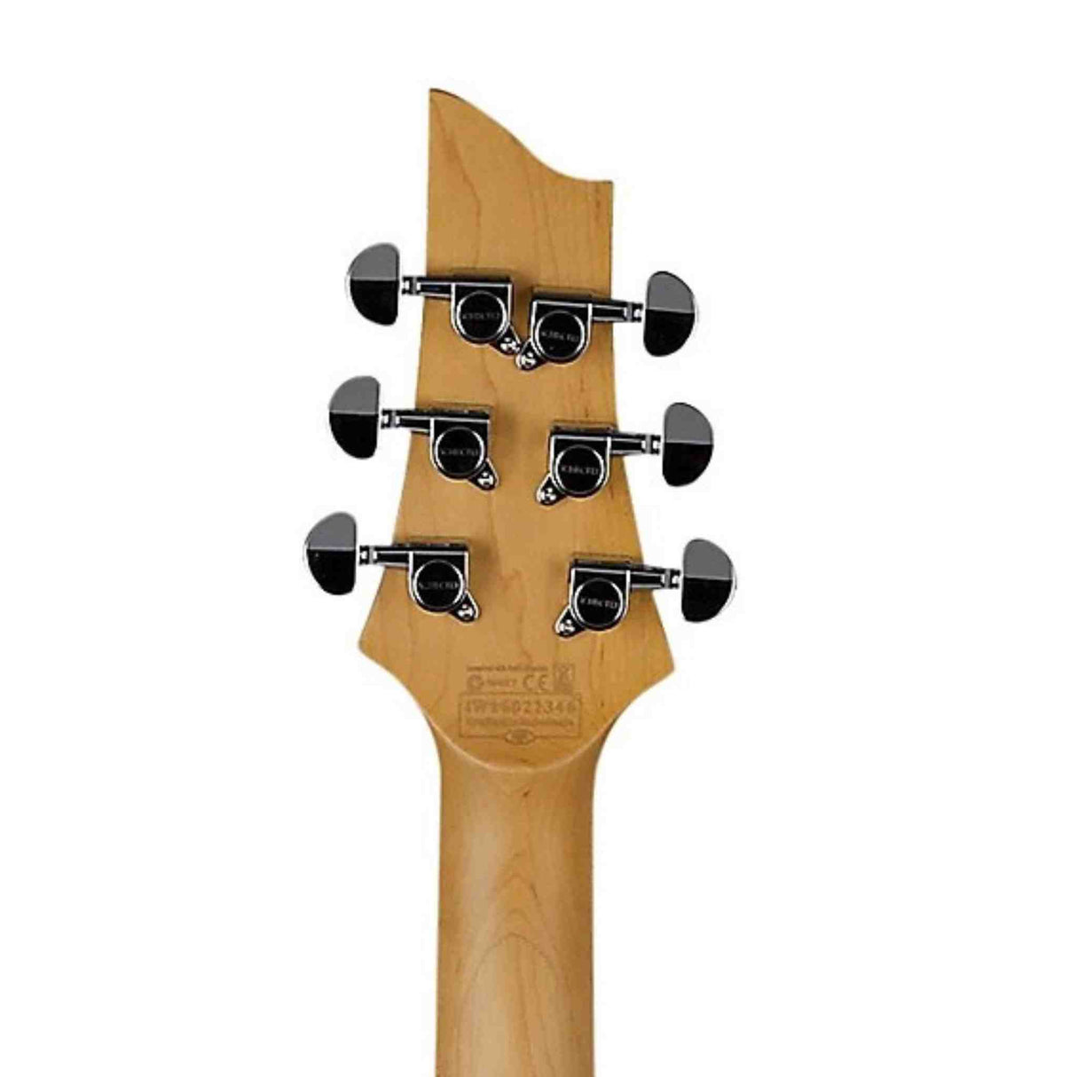 The back view of a Schecter C-6 Deluxe electric guitar headstock with chrome close backed machine heads.