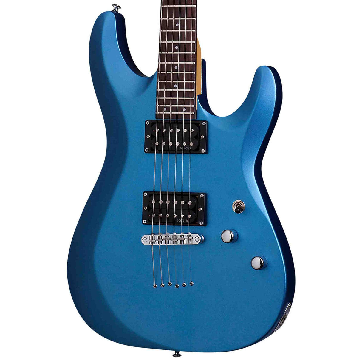 Close-up shot of the body of a Schecter C-6 Deluxe electric guitar with metallic light blue finish. It has two black humbuckers with a chrome bridge and knobs. There is a pickup selector switch in silver and blac,