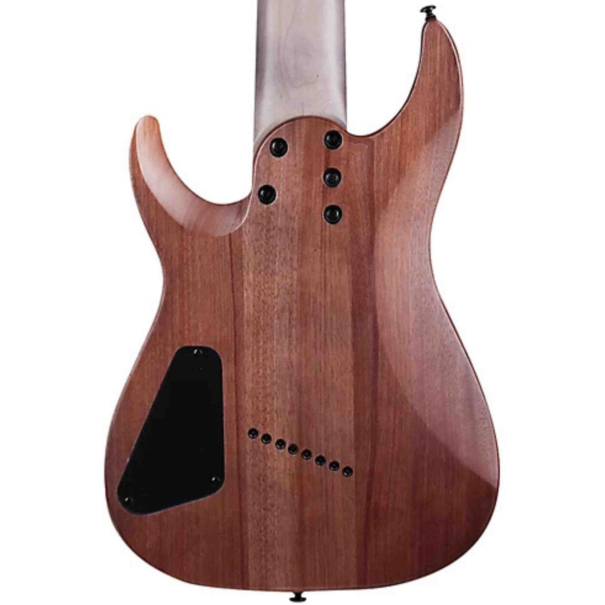 The back of a wooden electric guitar body on a white background