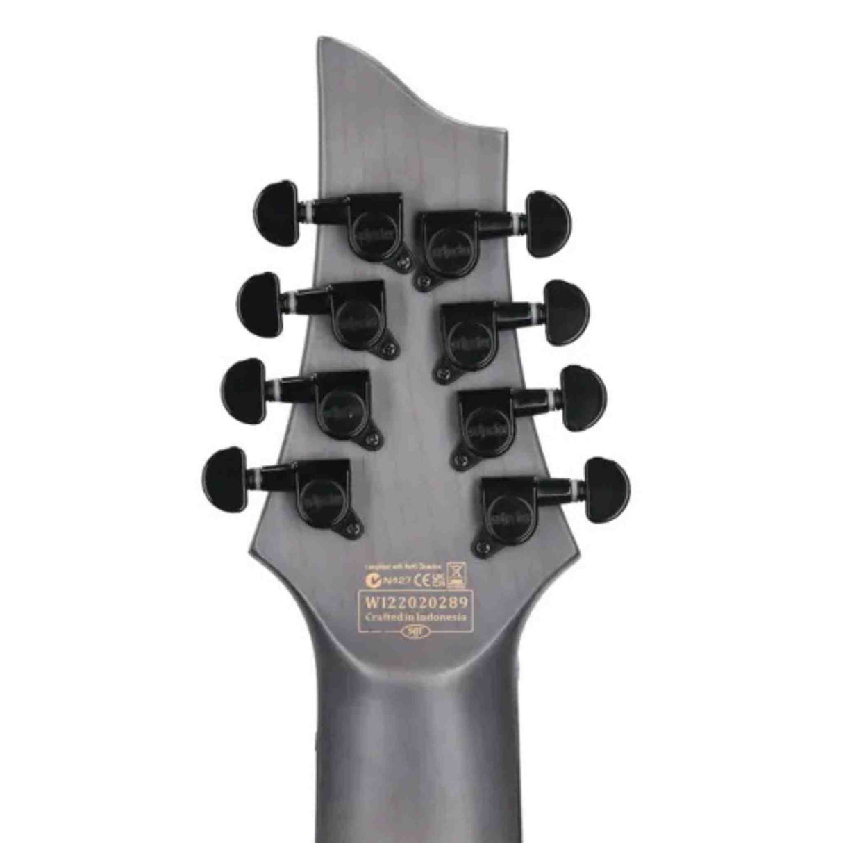 Close-up of the back of Schecter Omen Elite-8 Multiscale 8-string electric guitar headstock with black tuning pegs on a white background