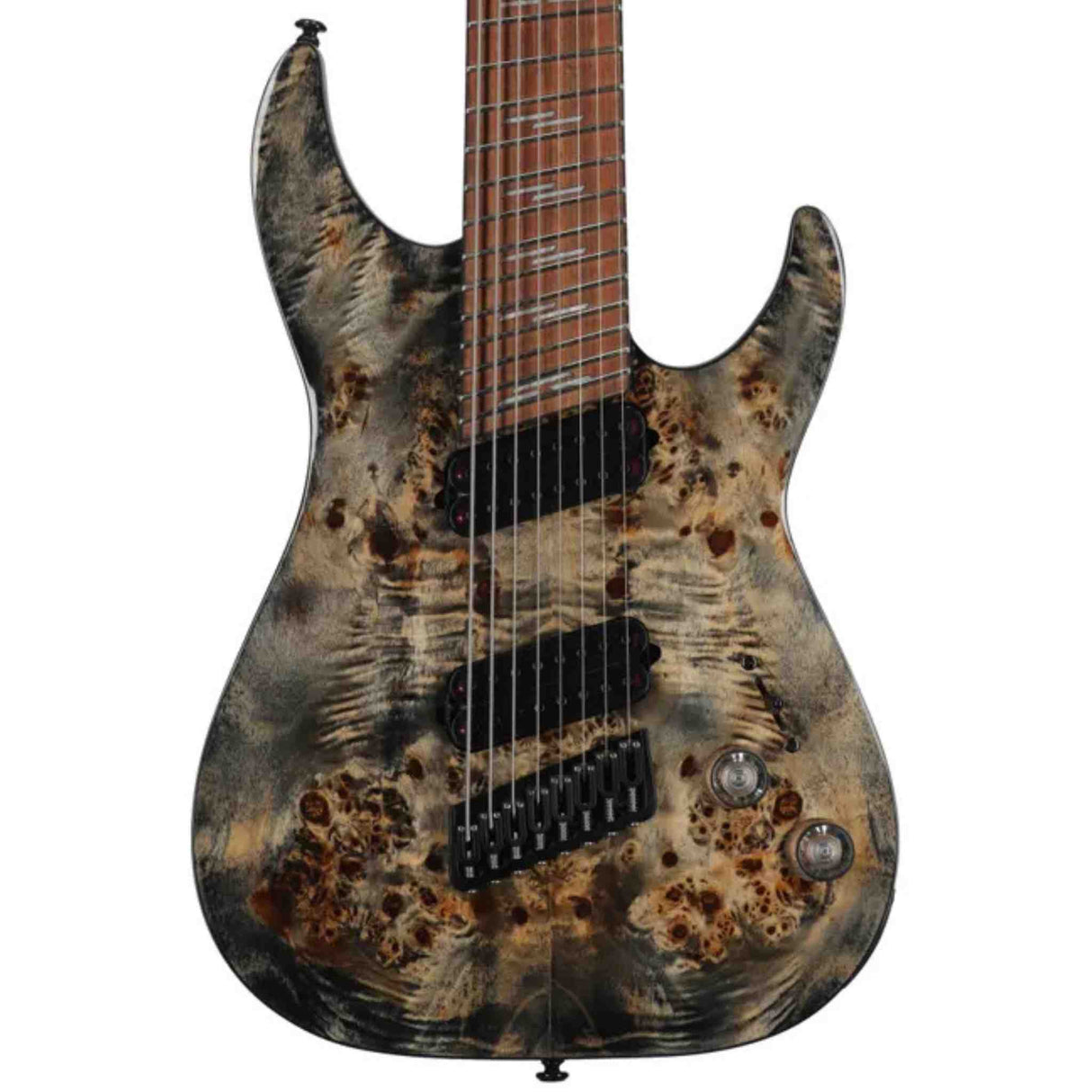 The front body of a Schecter Omen Elite-8 Multiscale 8-string electric guitar with charcoal finish. Color is a mix of grays, browns and reds.