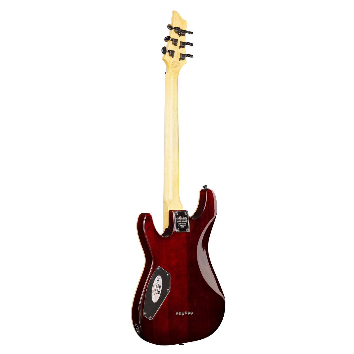 The back of a Schecter Omen Extreme - 6 - Limited Edition Electric Guitar with a red-brown body and black back plate.