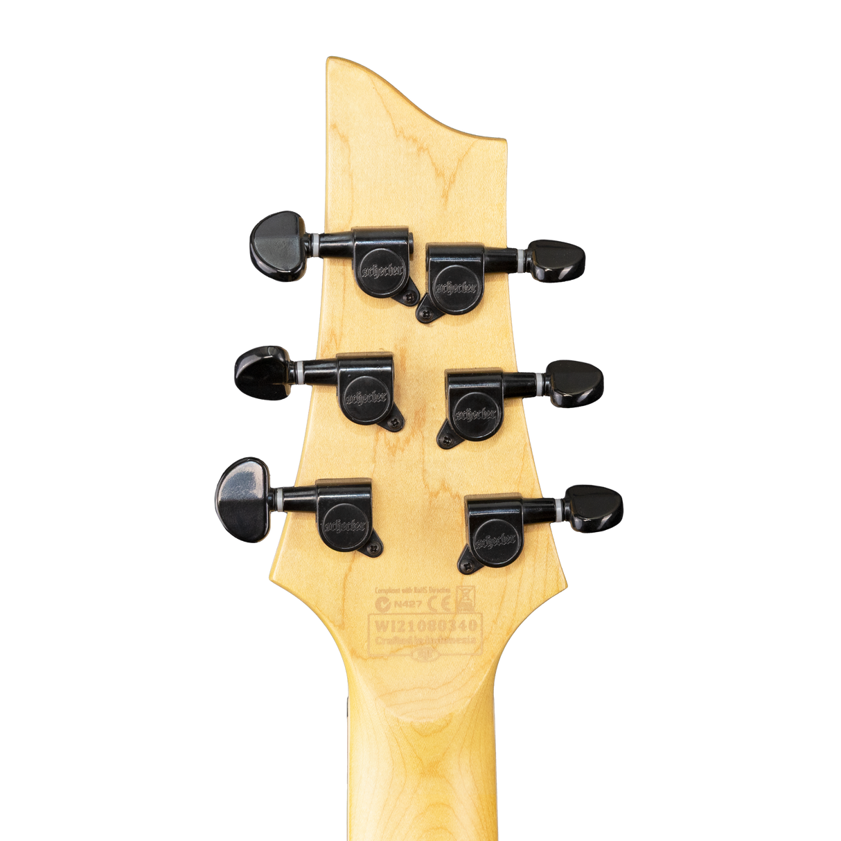 The back of a Schecter Omen Extreme - 6 - Limited Edition Electric Guitar headstock with black tuning pegs on a white background