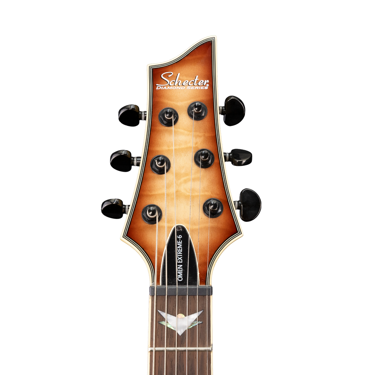 The front of a Schecter Omen Extreme - 6 - Limited Edition Electric Guitar headstock on a white background