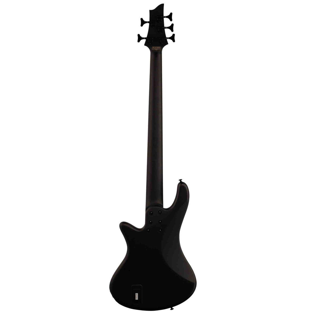 The back of a black Schecter Stiletto Stealth-5 Electric Bass Satin Black on a white background