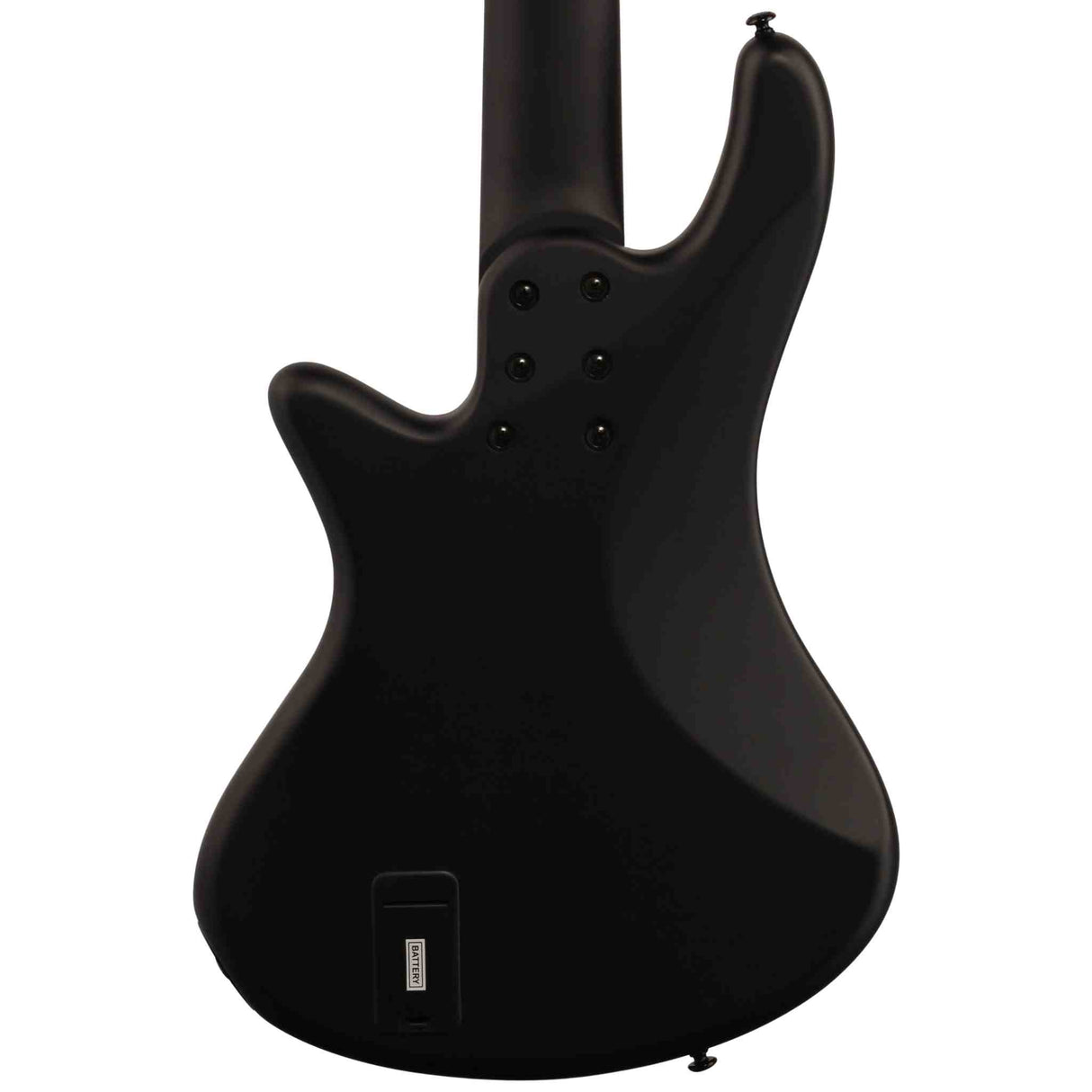 The back of a black electric guitar body on a white background