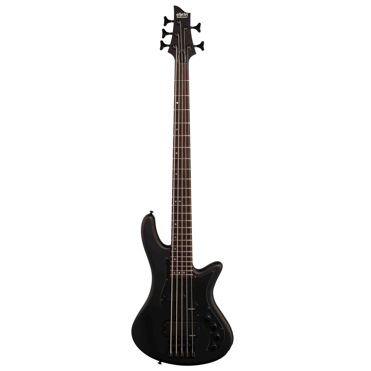 the front of a black Schecter Stiletto Stealth-5 Electric Bass on a white background. It has all black hardware.
