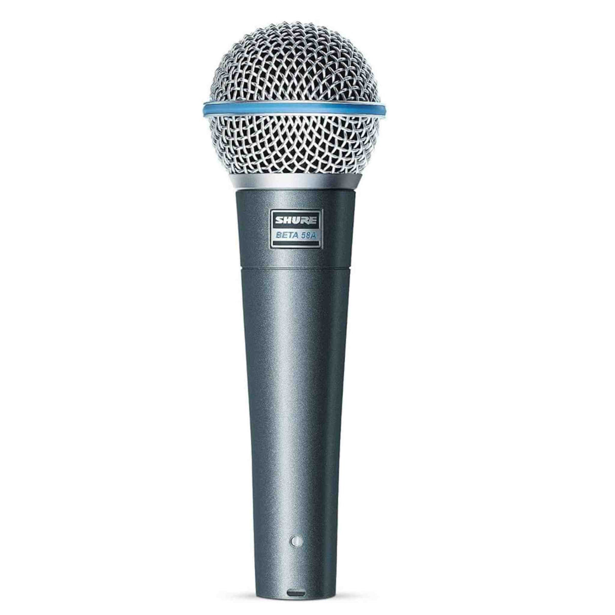 The image shows a Shure Beta 58A dynamic microphone, a professional vocal mic with a dark metallic body, silver mesh grille, and blue accent ring. Known for its durability and supercardioid pattern, it offers clear vocals and excellent feedback rejection. Widely used by musicians and sound engineers, it’s a standard choice for live performances and studio recording.