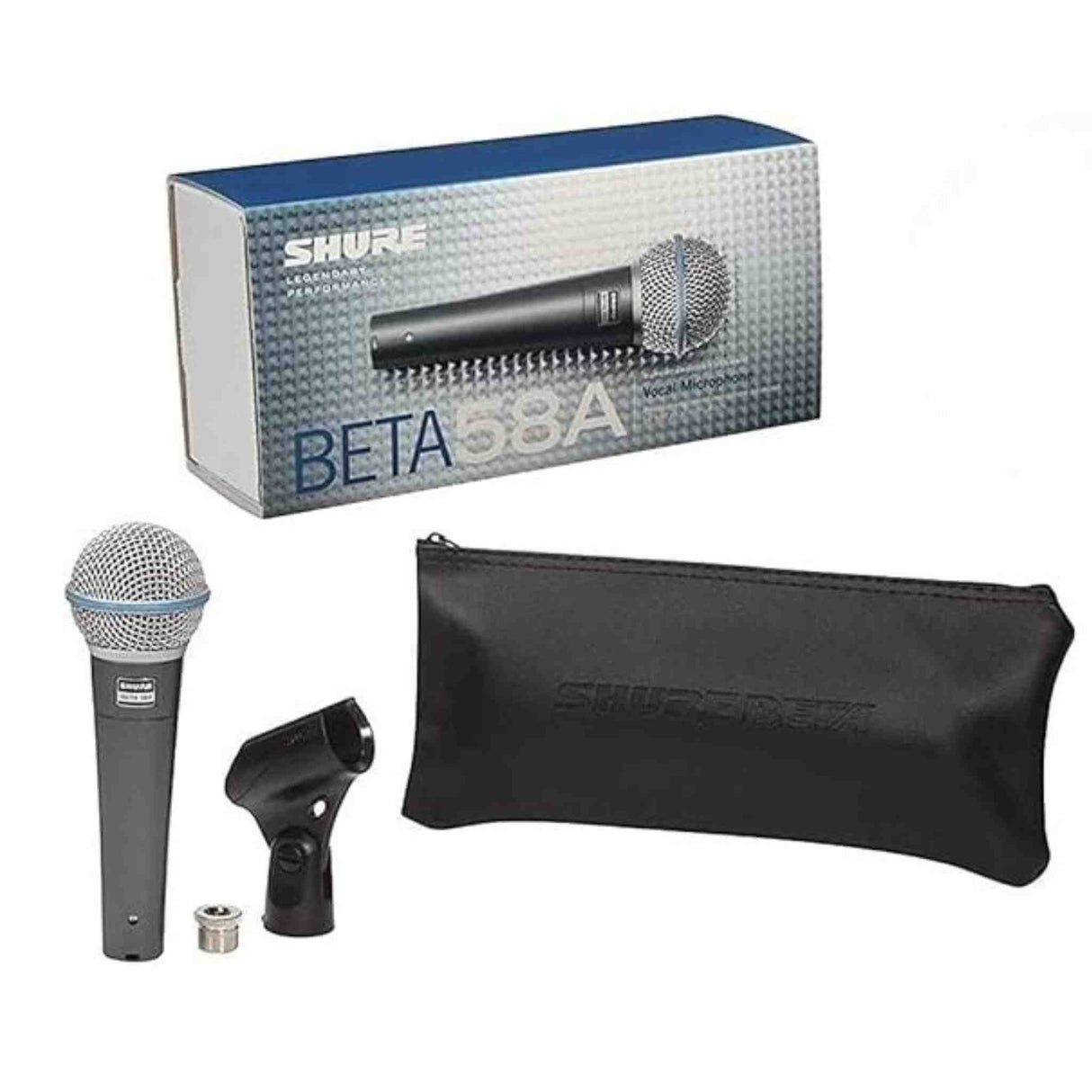 The image shows a Shure BETA 58A vocal microphone package, including a silver retail box with blue accents, the black dynamic microphone with a mesh grille, a black microphone clip, a metal thread adapter, and a black zippered carrying pouch embossed with "SHURE." The BETA 58A is known for durability, feedback rejection, and clear vocal quality, favored by vocalists for live and studio use.
