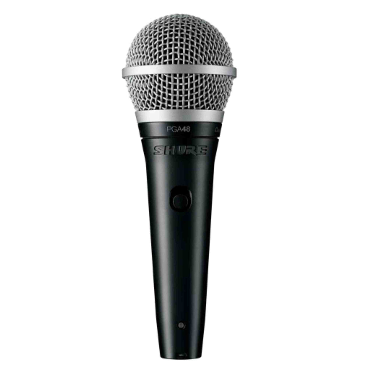 The image shows a Shure PGA48 dynamic microphone with a silver mesh grille, black body, visible "SHURE" branding, "PGA48" model name, an on/off switch on the handle, and an XLR connector at the bottom. This entry-level professional microphone is popular for live vocals and recording due to its durability, feedback rejection, and reliable performance in the music industry.