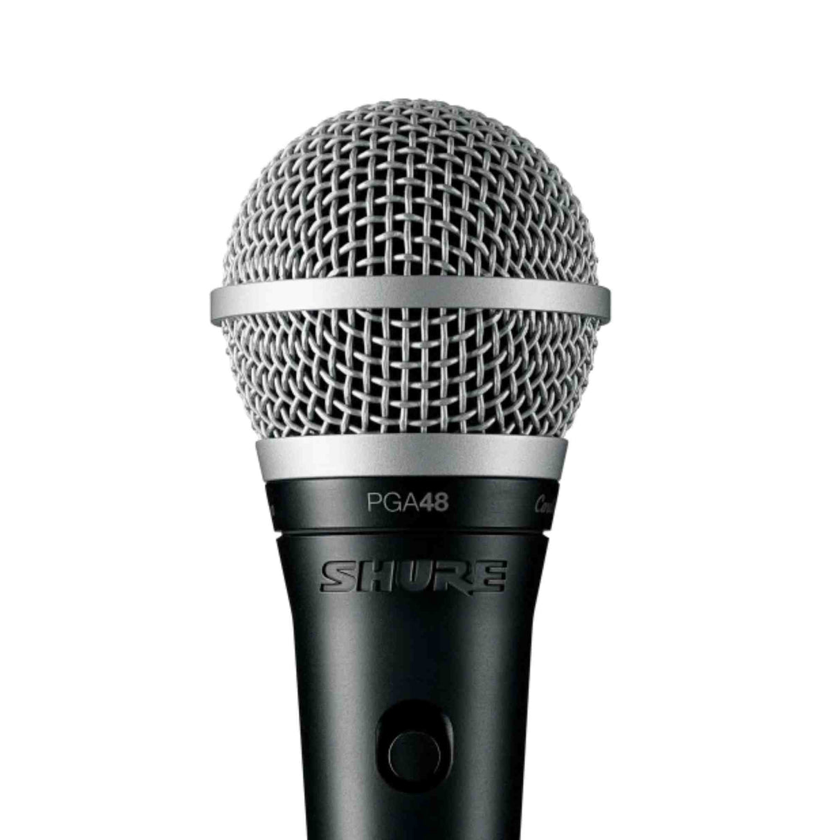 The image shows a Shure PGA48 dynamic handheld vocal microphone featuring a silver spherical wire mesh grille, black metal body with the "SHURE" logo, the model number "PGA48" near the handle, and an on/off switch. This entry-level microphone is designed for live vocals, known for durability and good sound quality, making it suitable for performances, rehearsals, and basic recordings.