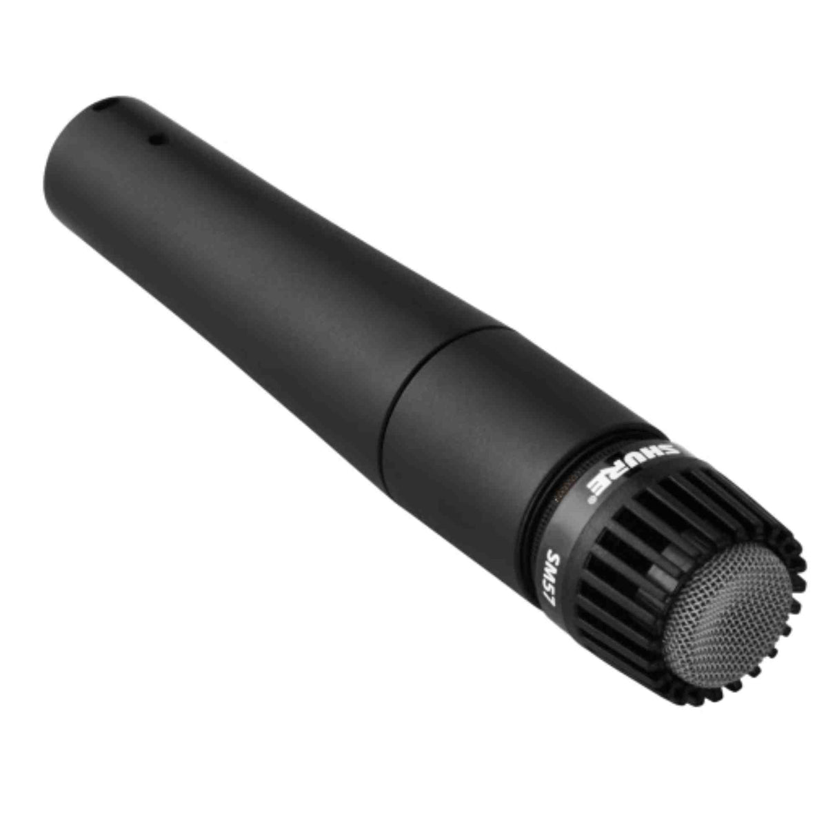 The image shows a professional Shure SM57-style dynamic microphone with a black cylindrical body and a protective grille. Commonly used for recording instruments and live sound, it is favored for miking guitar amps, drums, and vocals due to its durability, versatility, and ability to handle high sound pressure, making it a key tool in studios and live music settings.