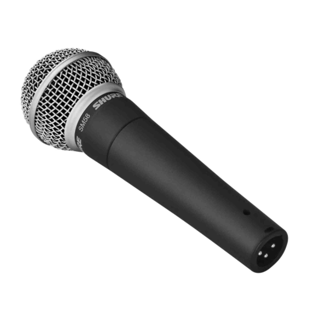 The image shows a Shure SM58 dynamic microphone, featuring its iconic silver mesh grille with diamond pattern, black handle with "SHURE" branding, and "SM58" model label. This handheld microphone has an XLR three-pin connector at the base. Renowned for durability, feedback rejection, and warm vocals, the SM58 is a trusted industry standard widely used in live performances and studios across music genres.