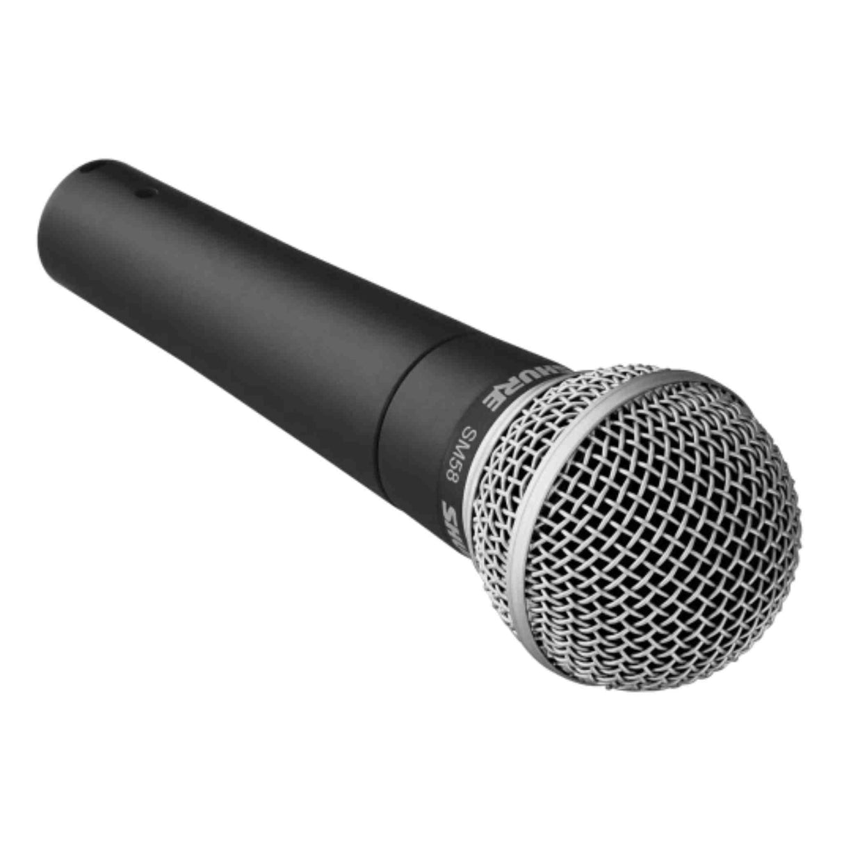 The image shows a professional dynamic microphone, likely a Shure SM58 or similar model. It features a black cylindrical body with a silver mesh ball grille, Shure branding, and the model number visible. Known for its durability and reliable performance, this microphone is widely used in live vocals, studio recording, and public speaking across various music and audio applications.