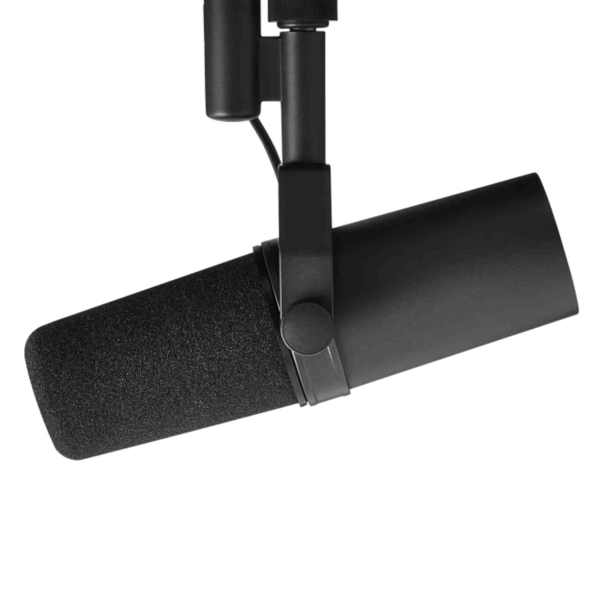 The image shows a professional broadcast-style dynamic microphone with a black cylindrical body and foam windscreen, mounted on an adjustable boom arm. It features a sturdy design typical of end-address mics used in studios. Commonly used for radio broadcasting, podcasting, vocal recording, live performances, and voice-over work, this setup is essential for musicians, podcasters, and content creators.