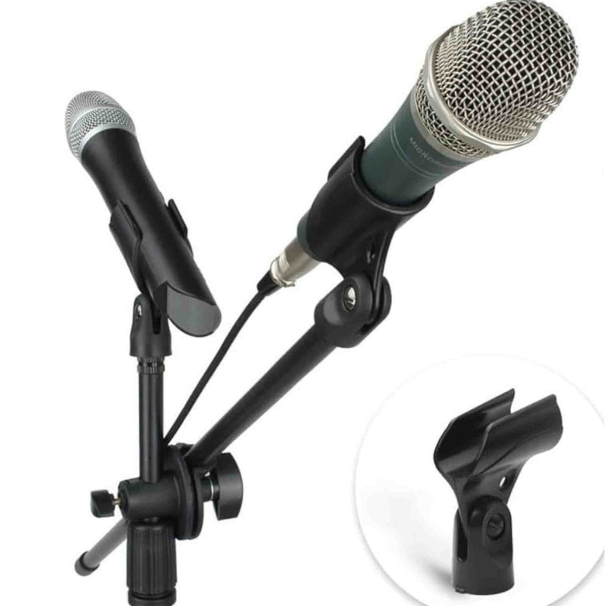The image shows various microphone accessories including two microphones—one handheld dynamic with a silver grille and another with a teal body—a black adjustable multi-arm microphone stand, several black microphone clips for securing mics to the stand, and connecting audio cables. It highlights a multi-mic setup ideal for studios, live performances, or podcasting.