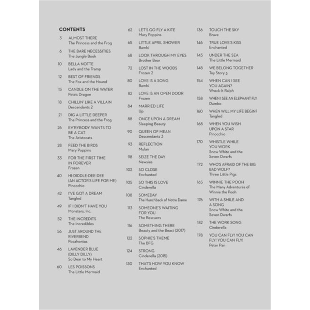 The image shows a table of contents page from a Disney songbook listing popular songs from various films, organized alphabetically with page numbers. It includes classics like "Under the Sea," "When You Wish Upon a Star," and "Love is an Open Door," as well as songs from Frozen, The Little Mermaid, Beauty and the Beast, and recent movies like Moana and Tangled, serving as a rich resource for musicians and Disney fans.