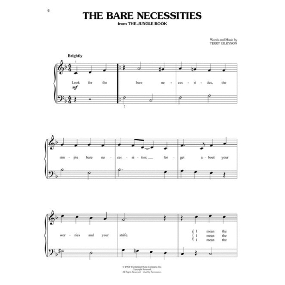 The image shows a page of piano/vocal sheet music for "The Bare Necessities" from Disney's "The Jungle Book," marked "Brightly" in 4/4 time. It features treble and bass clefs, lyrics, chord symbols, and credits to Terry Gilkyson. This is page 6 of a songbook, published by Wonderland Music Company, Inc., and includes the lyric "Look for the bare necessities, forget about your worries and your strife."