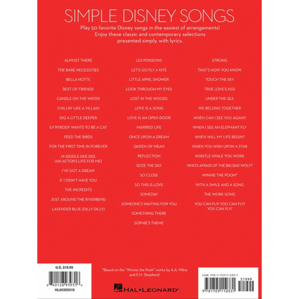 The image shows the back cover of the "Simple Disney Songs" music book by Hal Leonard. It lists 50 popular Disney songs arranged simply with lyrics, including titles from movies like The Lion King, Frozen, Moana, and Toy Story. Classic songs like "When You Wish Upon a Star" and "Under the Sea" are featured. The cover also displays the Hal Leonard logo, price ($19.99), and ISBN barcodes.