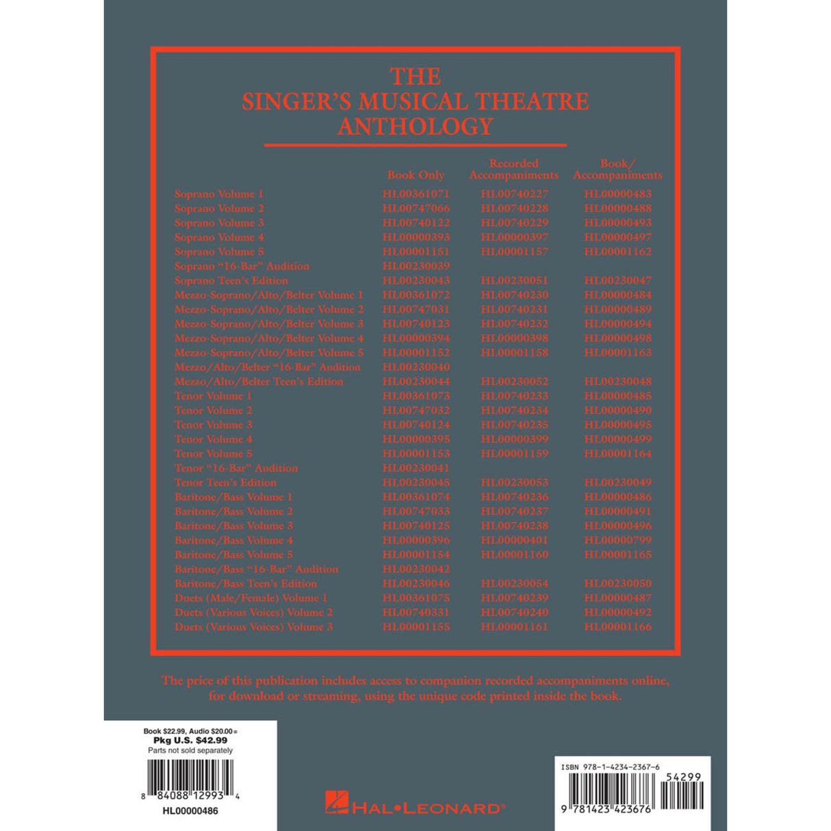 Back cover of 'The Singer's Musical Theatre Anthology' with a list of songs and Hal Leonard branding.