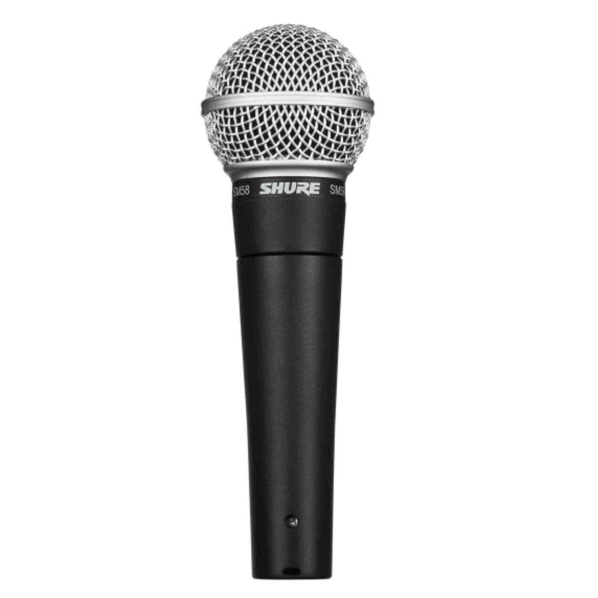 The image shows a Shure SM58 dynamic microphone, featuring a silver spherical mesh grille and a black metal handle with the Shure logo and "SM58" model name. This iconic vocal mic is widely used for live performances, studio recording, and broadcasting due to its durability, reliability, and excellent sound quality. It’s popular among professionals for handling high sound pressure and reducing handling noise.
