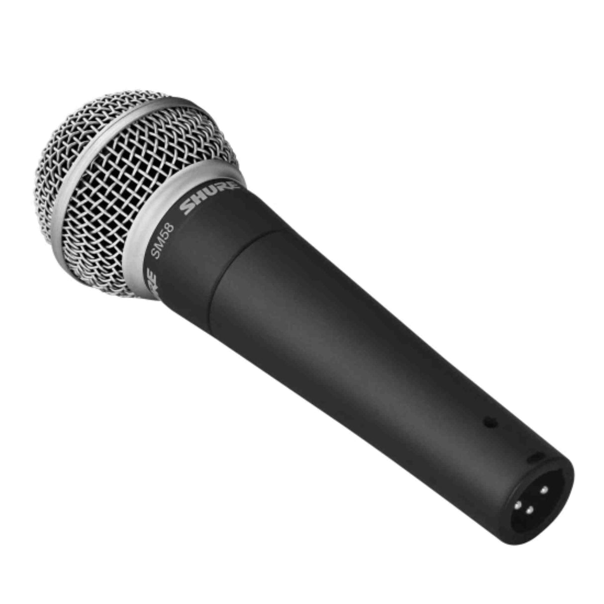 The image shows a Shure SM58 dynamic microphone, a classic handheld vocal mic widely used in music. It features a spherical metal grille, black body with Shure branding and model name, and an XLR connector. Known for durability and clear sound, it’s ideal for live performances and studio use without needing phantom power.