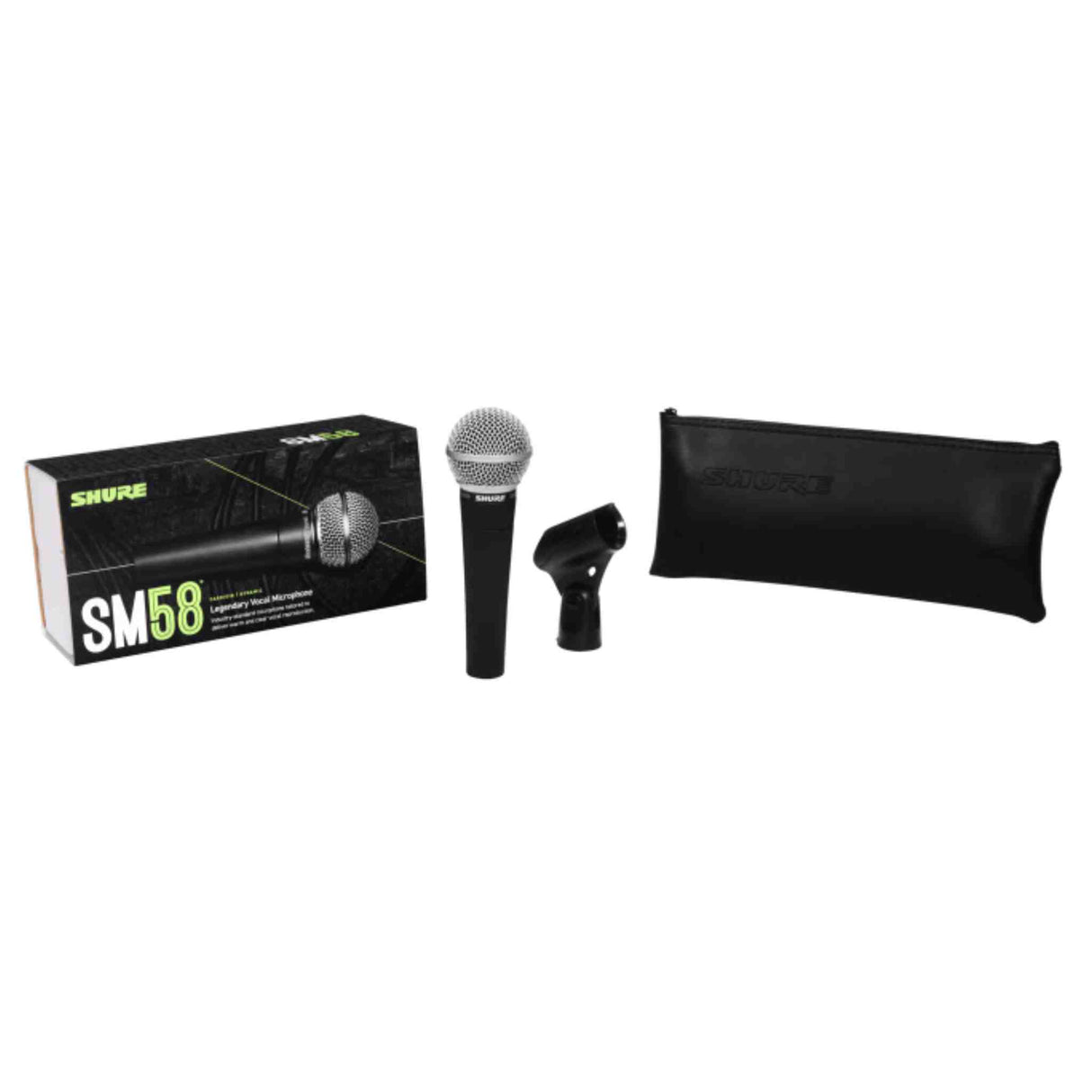 The image shows a Shure SM58 dynamic microphone package, including the iconic microphone with its ball grille and black handle, a black retail box with green Shure branding, a microphone clip for mounting, and a black zippered carrying pouch. The SM58 is renowned for its durability and vocal clarity, widely used in live and studio settings.
