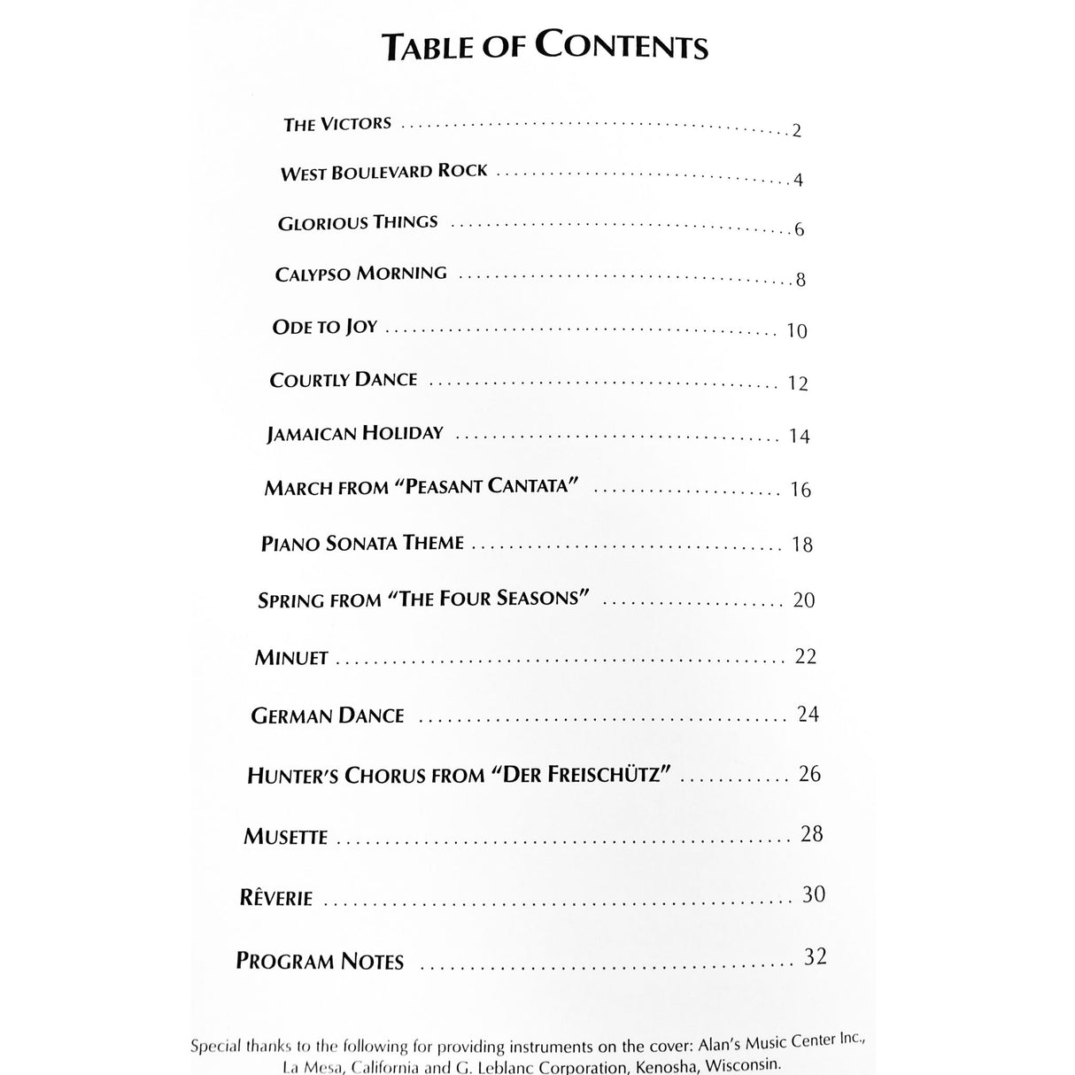 Table of contents for print music book for electric bass