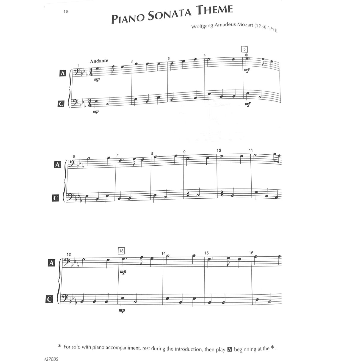 Sheet music for electric bass for Wolfgang Amadeus Mozart's Piano Sonata Theme on a white background