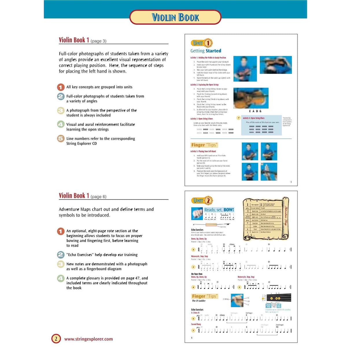 Violin book with text and images on a white background