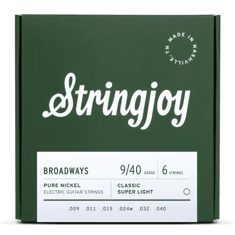 The image shows a green package of Stringjoy electric guitar strings, model Broadways. It contains a 6-string set with a 9-40 light gauge, made of pure nickel. The gauges are .009, .011, .015, .024w, .032, and .040 inches. The box notes "Classic Super Light" and "Made in Nashville." These strings offer a warm, vintage tone and are suited for players preferring easier bending and fretting.