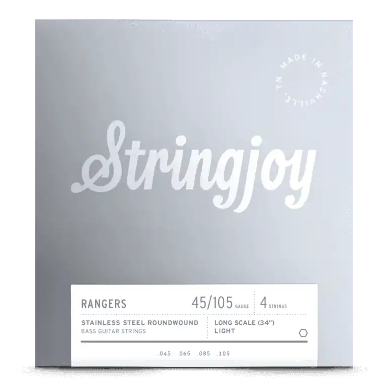 The image shows a package of Stringjoy "Rangers" bass guitar strings. It features 4 light-tension, long-scale (34") stainless steel roundwound strings with gauges of .045, .065, .085, and .105. The packaging has a minimalist gray background with white text and the Stringjoy logo in elegant script, plus a small circular logo in the upper right corner.