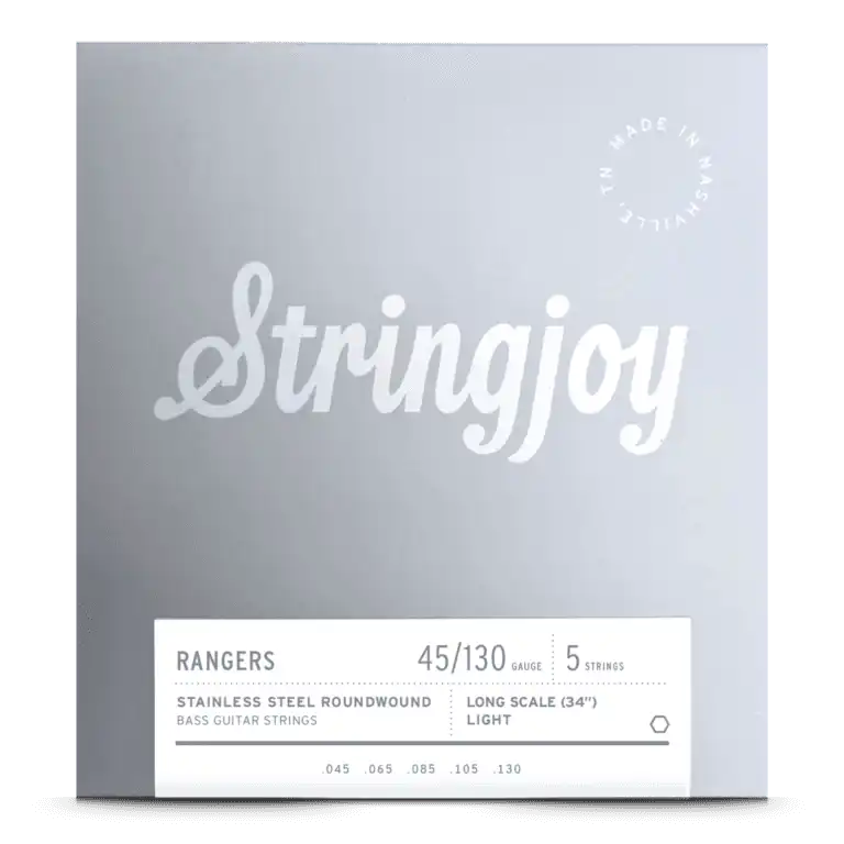 The image shows a package of Stringjoy "Rangers" 5-string bass guitar strings with a minimalist gray design and white text. The strings are stainless steel roundwound, light gauge 45-130, for long scale (34") basses. Individual string gauges (.045, .065, .085, .105, .130) are listed at the bottom. The Stringjoy logo is in the top right corner.