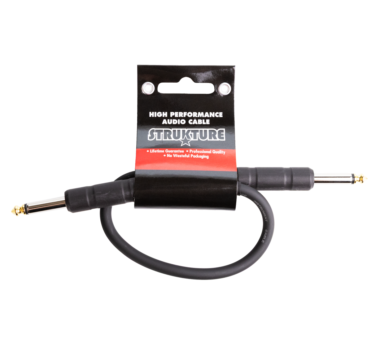 The image shows a STRUKTURE high-performance audio patch cable with gold-plated 1/4" TS/TRS connectors. It is a short, black professional-grade cable, likely 6-12 inches long, designed for connecting effects pedals or instruments to amplifiers. The cable features a lifetime guarantee, professional quality, and eco-friendly packaging, appealing to musicians seeking reliable, low-noise audio connections.