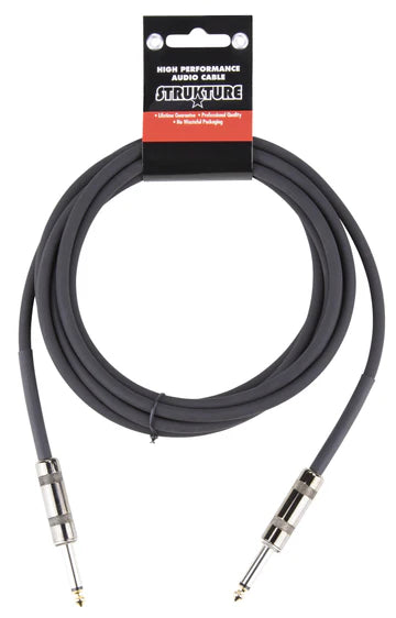 The image shows a high-performance STRUKTURE audio cable for electric guitars, basses, keyboards, and other instruments. It has a black outer jacket, standard 1/4" TS connectors on both ends, and professional coiled retail packaging with hanging tabs. Designed for musicians and audio professionals, it ensures clean signal transmission with minimal interference for live or studio use.