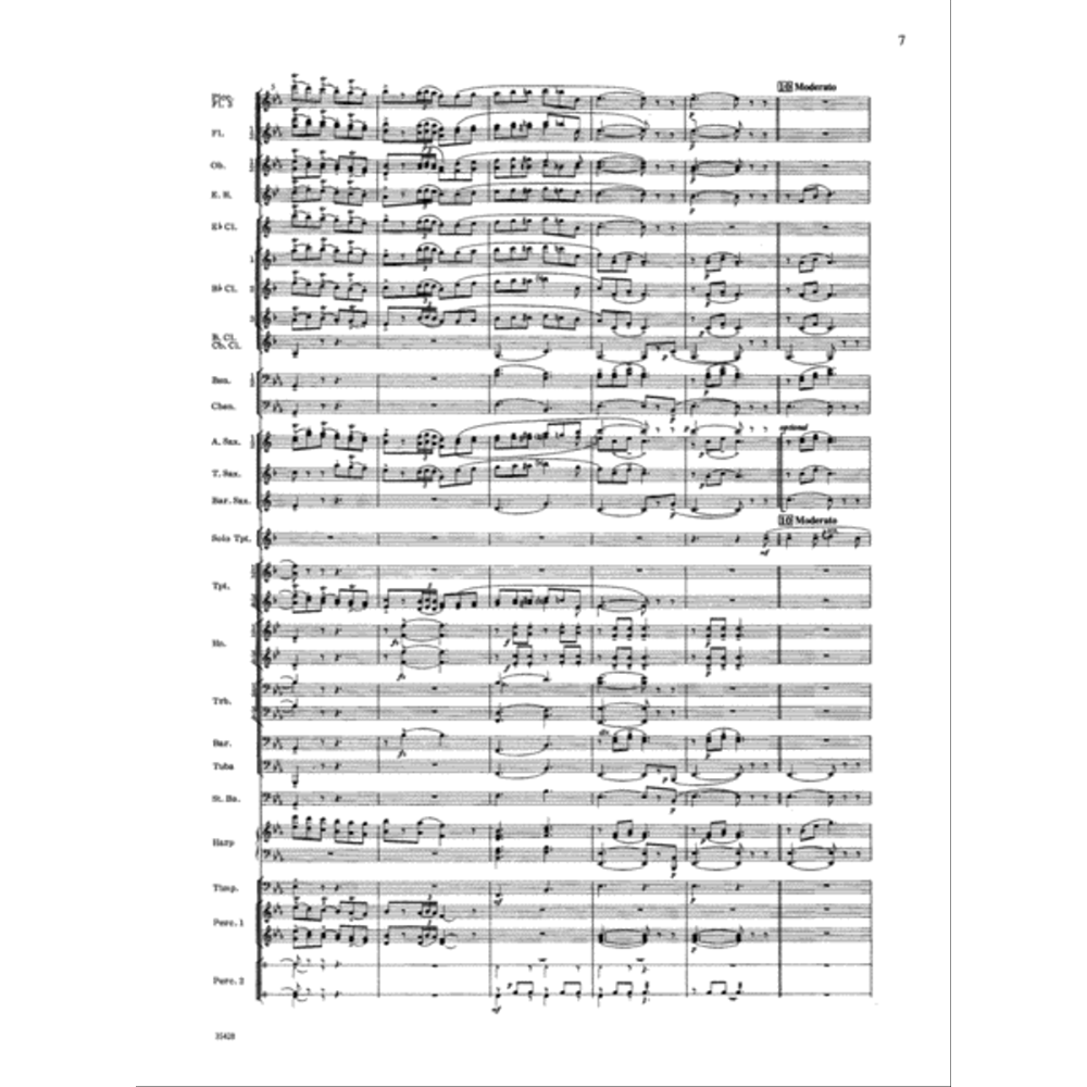 The image shows an orchestral score with multiple instrumental parts arranged vertically, typical of a conductor’s full score. It includes woodwinds, brass, percussion, and strings, all in standard notation with notes, rests, dynamics, and a "Moderato" tempo marking. This layout allows the conductor to view and coordinate all sections of the orchestra simultaneously.