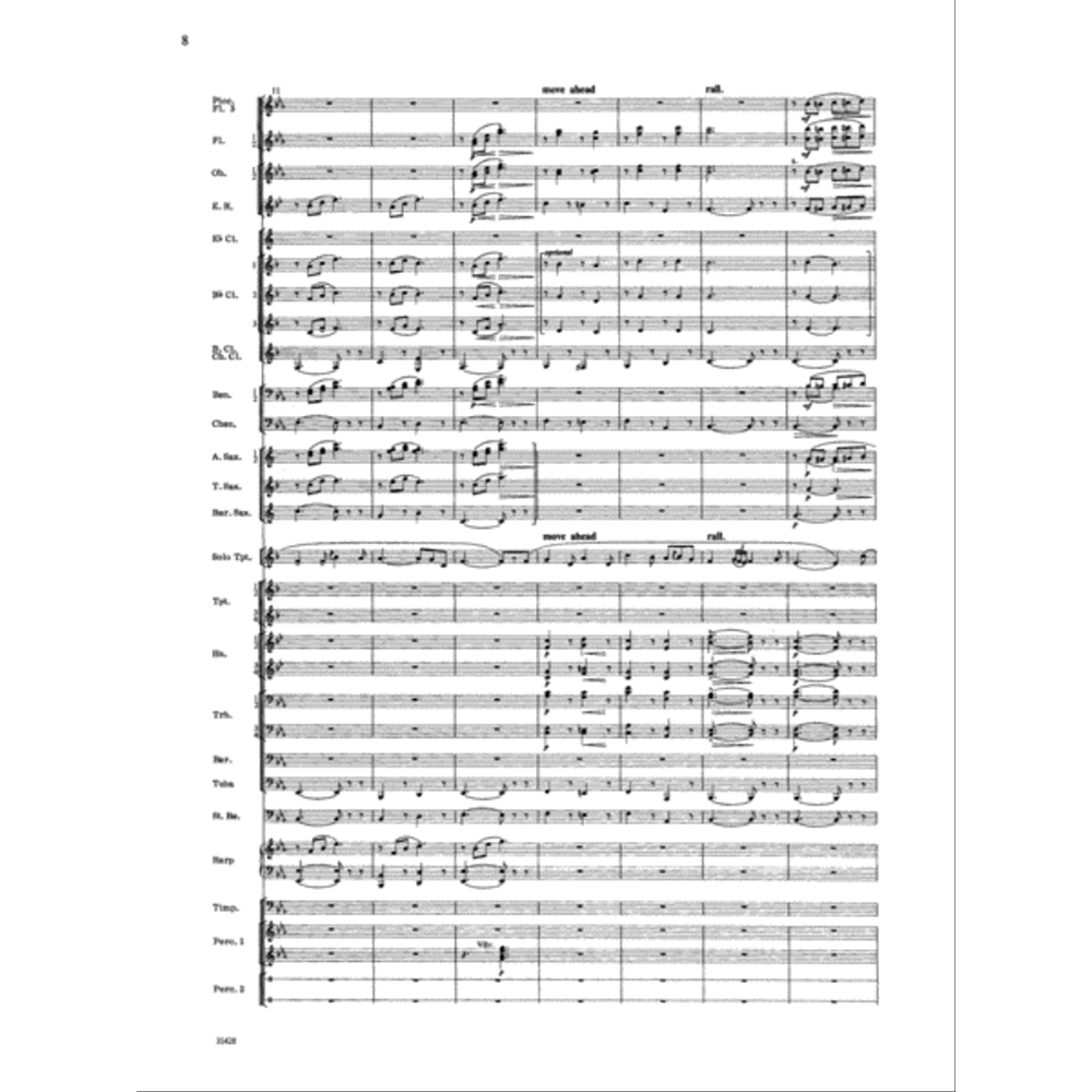 The image shows a full orchestral score with multiple instrumental parts arranged vertically. It includes woodwinds (piccolo, flute, oboe, clarinets), brass (French horns and others), strings, percussion, and harp. The notation features varied rhythms, melodic lines, rests, and markings like "rall." This comprehensive score allows conductors to coordinate all sections in professional performances.