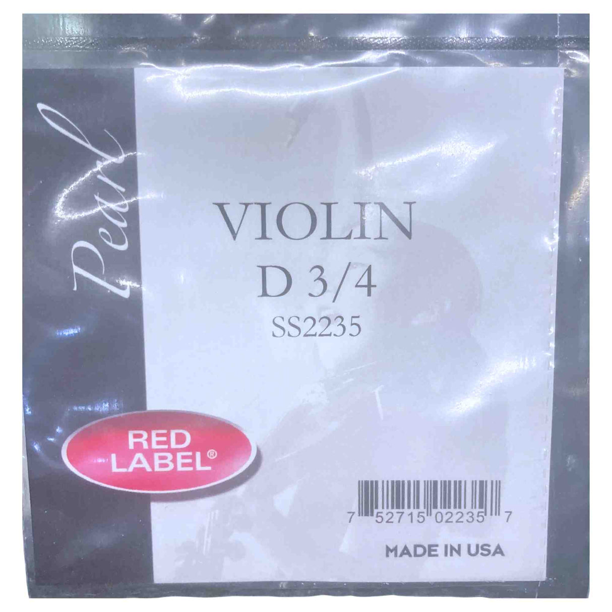 The image shows a package of a single D string for a 3/4 size violin. It features the Red Label brand (model SS2235), made in the USA. The string is individually packaged in clear plastic with professional labeling and a barcode. This replacement D string is designed for smaller violins, commonly used by younger players.