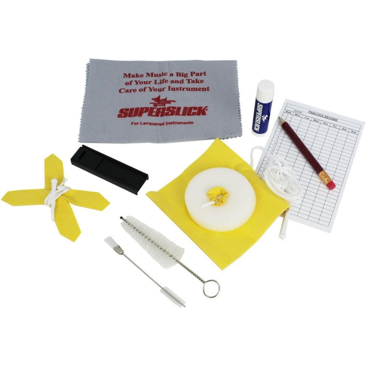 The image shows a musical instrument maintenance kit for lacquered instruments, featuring a gray Superslick microfiber cloth with red text, a blue tube of cork grease, yellow cleaning swabs, various brushes, a practice record sheet with a pencil, and a black mouthpiece cushion. This kit is designed for woodwind instruments like clarinets, saxophones, or flutes to aid in cleaning, lubrication, and care.
